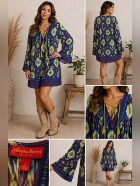Zuleyka Rivera Boho Tunic Dress L Geometric Print Bell Sleeve Tassel Mini